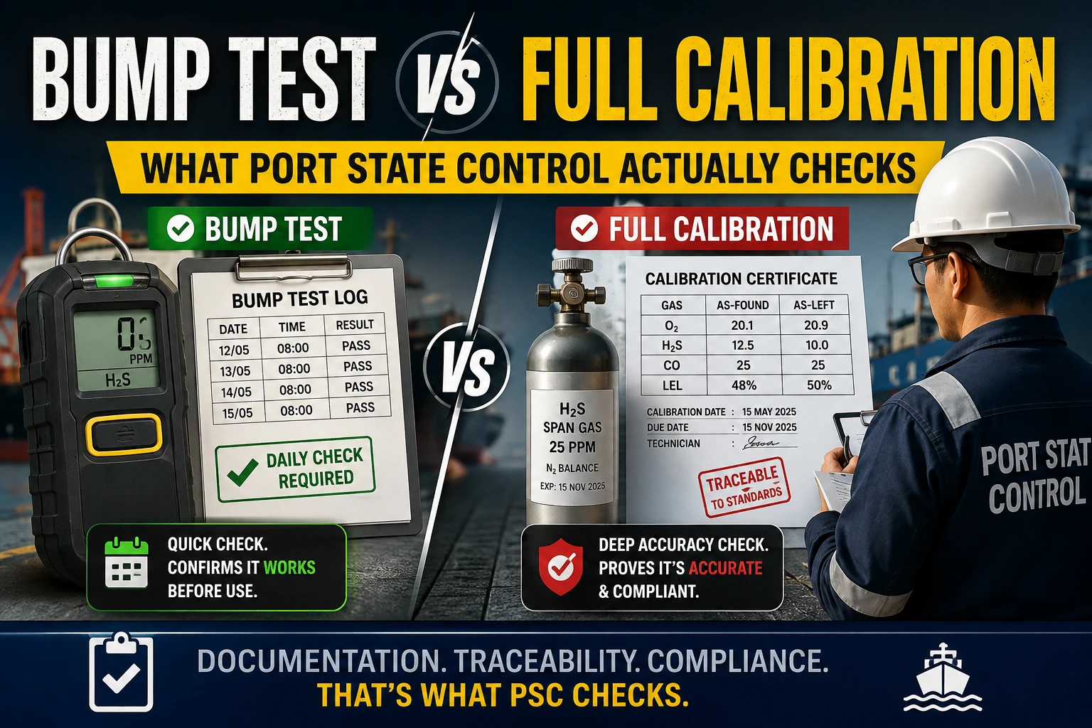 Bump Test vs Full Calibration: What Port State Control Actually Checks